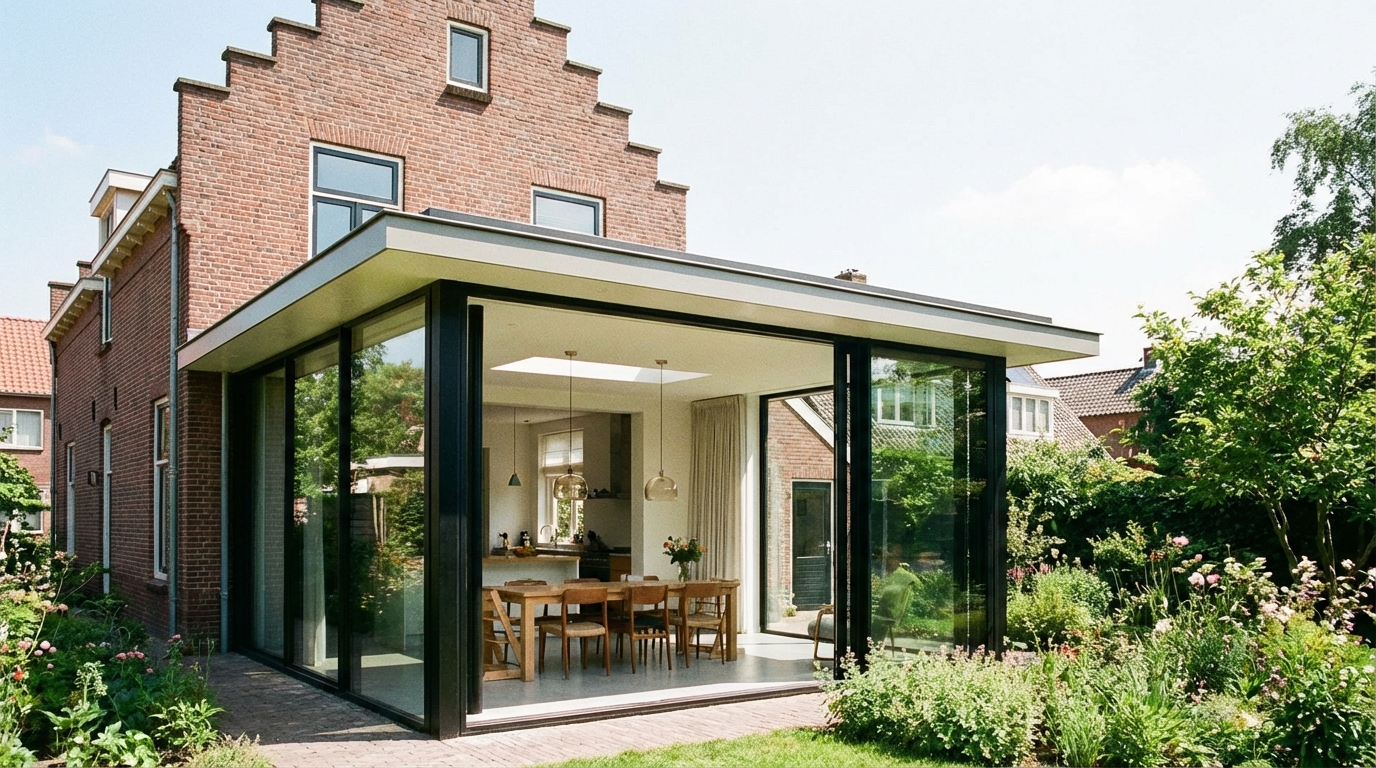 Moderne glazen aanbouw aan de achterzijde van een traditioneel Nederlands huis