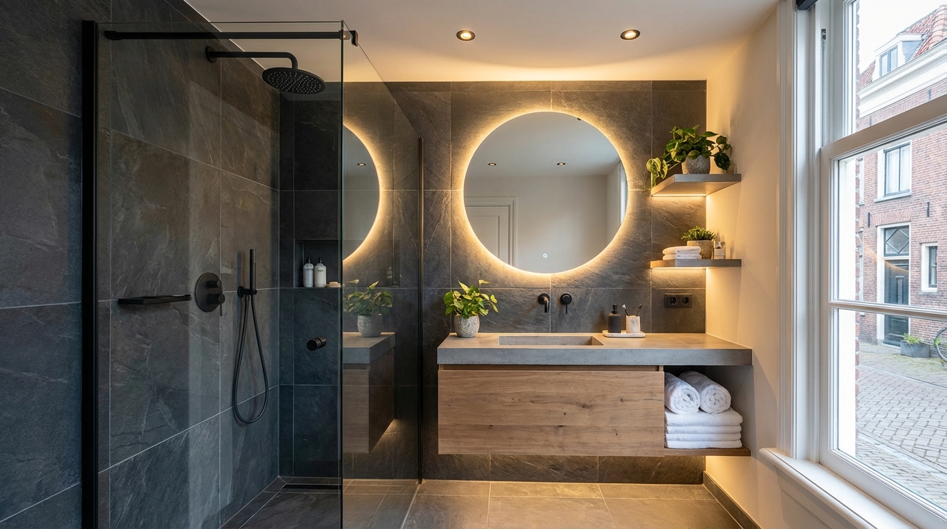 Luxe gerenoveerde badkamer met inloopdouche en sfeervolle LED-verlichting