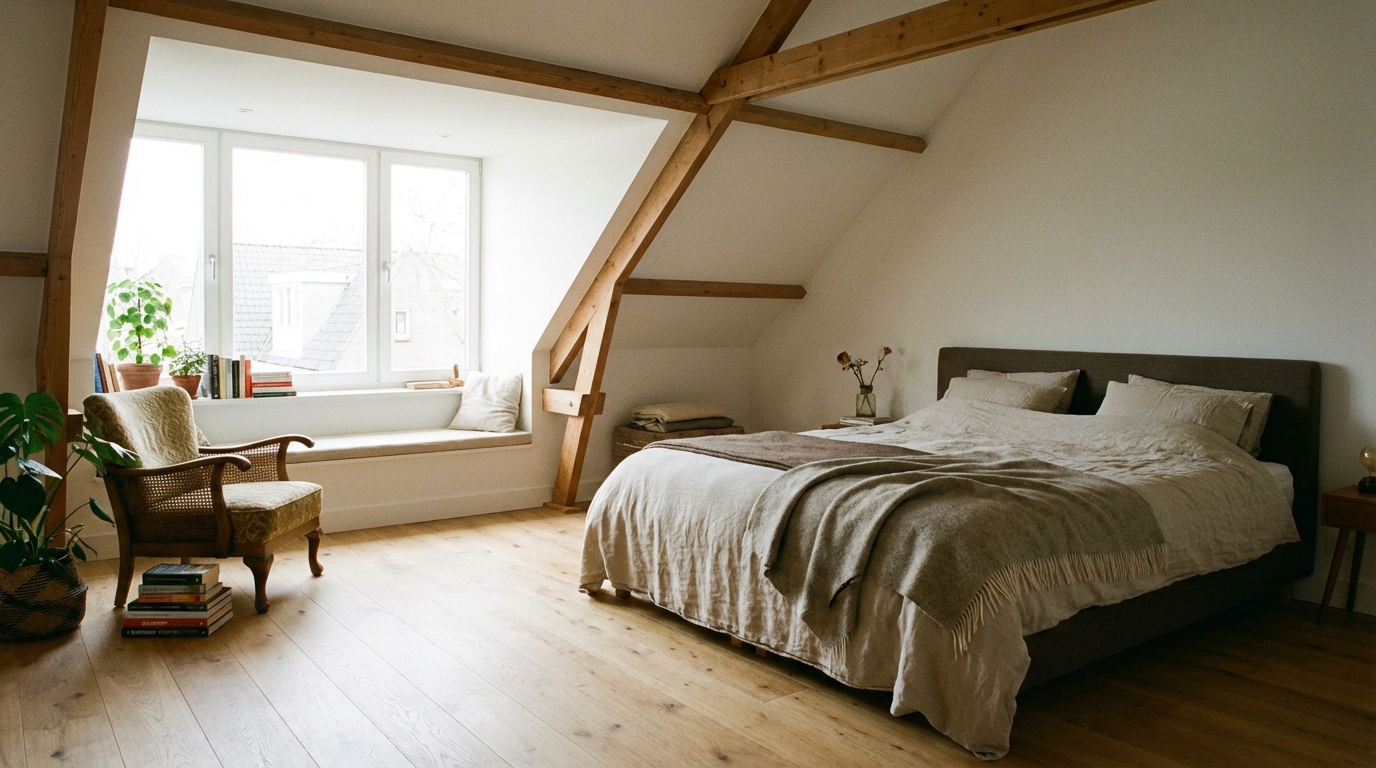 Sfeervolle zolderkamer met dakkapel en veel natuurlijk licht