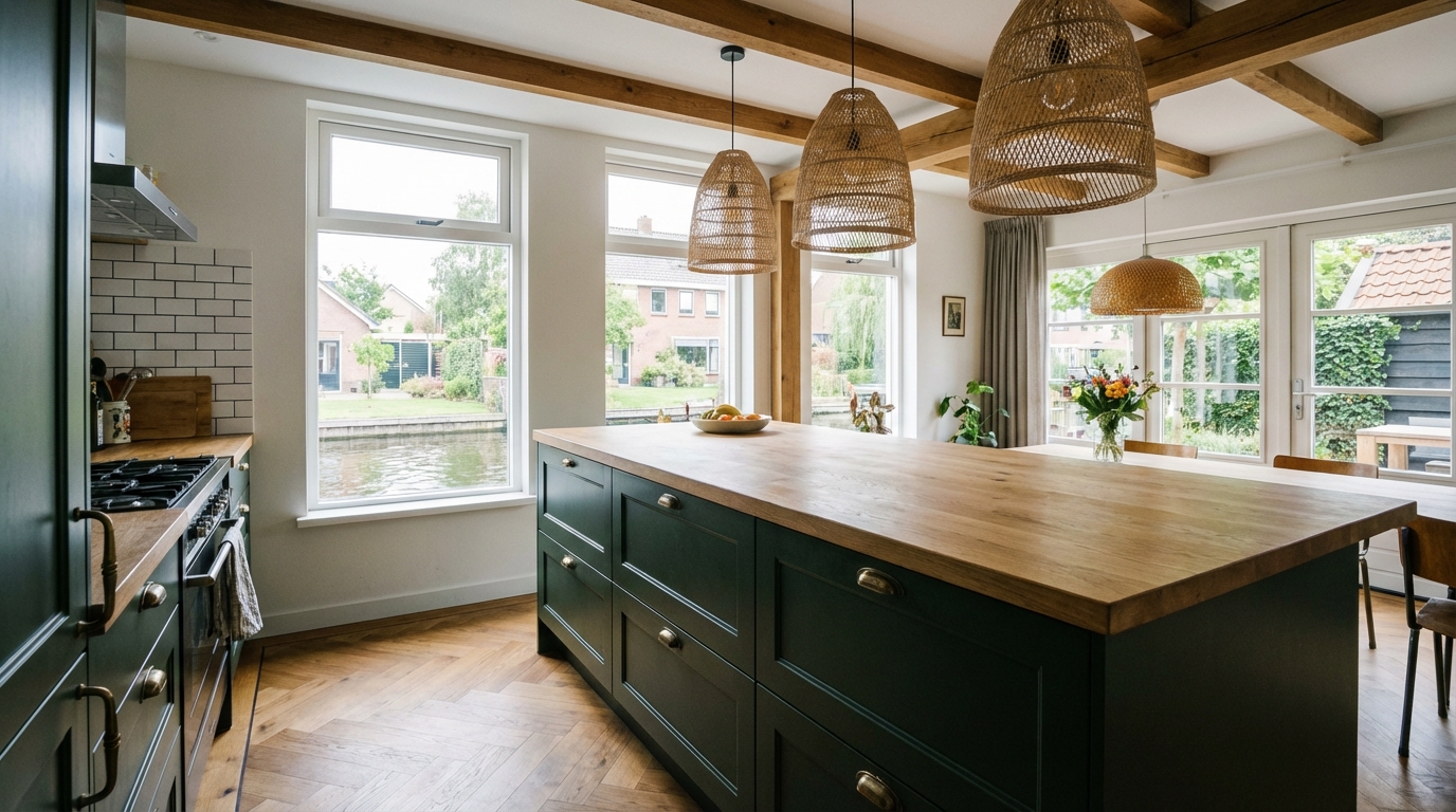 Moderne gerenoveerde keuken met donkergroene kasten en houten werkblad